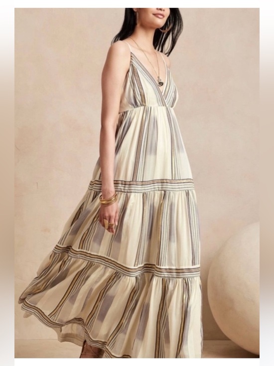 Banana Republic Dresses & Skirts - NEW! Banana Republic Zephyr Ivory Blue Gold Stripe Tiered Maxi Dress Size Medium